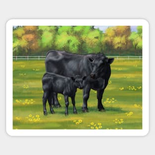 Black Angus Cow and Cute Calf in Summber Pasture Sticker